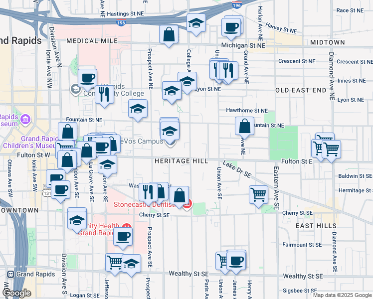 map of restaurants, bars, coffee shops, grocery stores, and more near in Grand Rapids