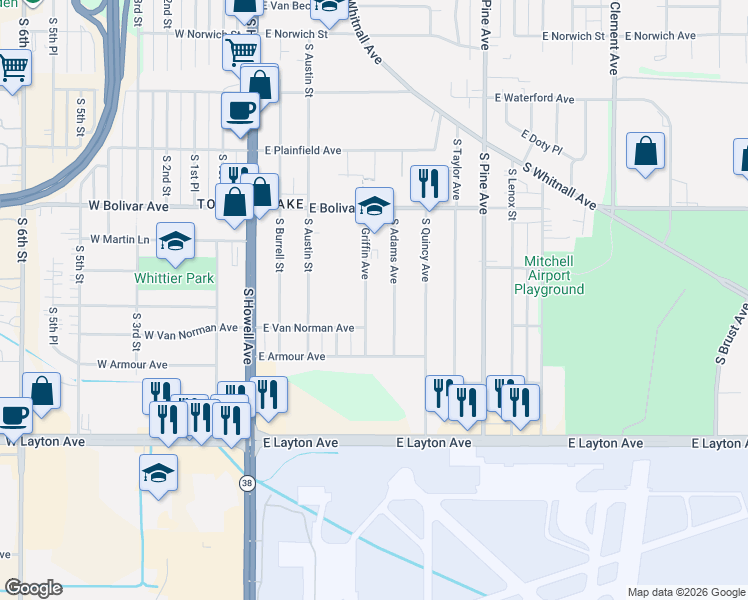 map of restaurants, bars, coffee shops, grocery stores, and more near 4472 South Griffin Avenue in Milwaukee