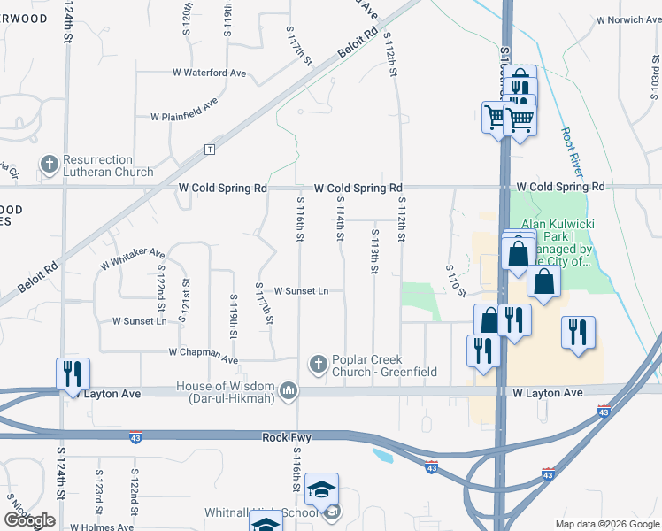 map of restaurants, bars, coffee shops, grocery stores, and more near 4481 South 114th Street in Greenfield