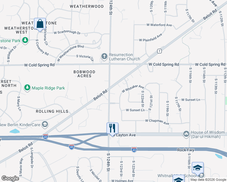 map of restaurants, bars, coffee shops, grocery stores, and more near 4500 South 124th Street in Greenfield