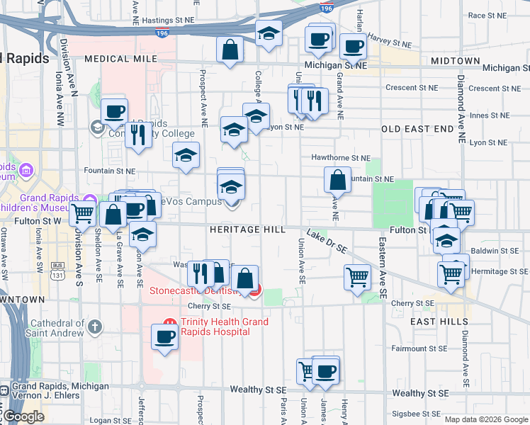 map of restaurants, bars, coffee shops, grocery stores, and more near in Grand Rapids