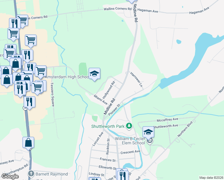 map of restaurants, bars, coffee shops, grocery stores, and more near 1438 Midline Road in Amsterdam