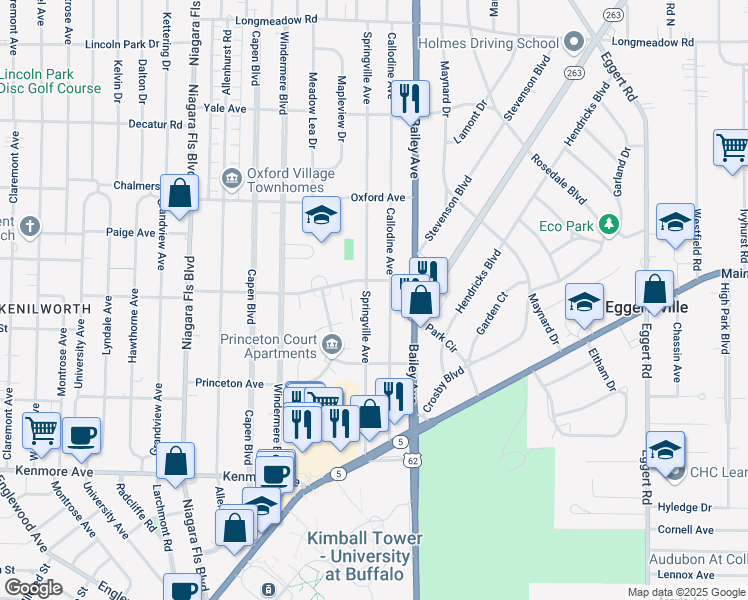 map of restaurants, bars, coffee shops, grocery stores, and more near 151 Springville Avenue in Buffalo