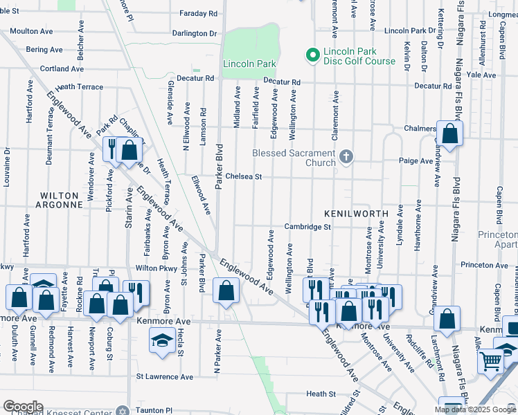 map of restaurants, bars, coffee shops, grocery stores, and more near 114 Edgewood Avenue in Buffalo
