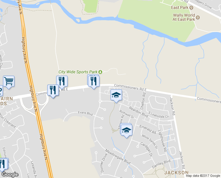 map of restaurants, bars, coffee shops, grocery stores, and more near 2025 Meadowgate Boulevard in London