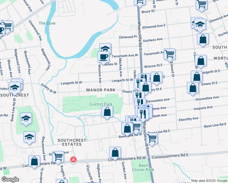 map of restaurants, bars, coffee shops, grocery stores, and more near 43 Emery Street West in London