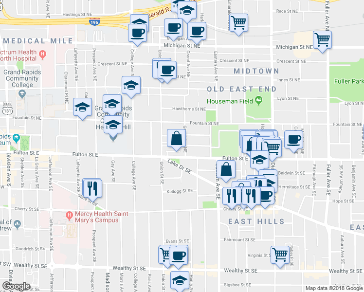 map of restaurants, bars, coffee shops, grocery stores, and more near 635 Fulton Street East in Grand Rapids