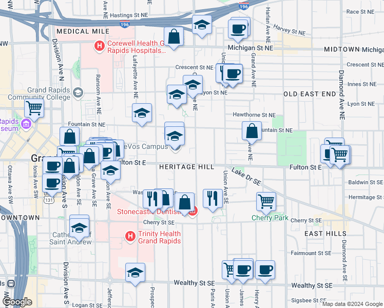 map of restaurants, bars, coffee shops, grocery stores, and more near in Grand Rapids