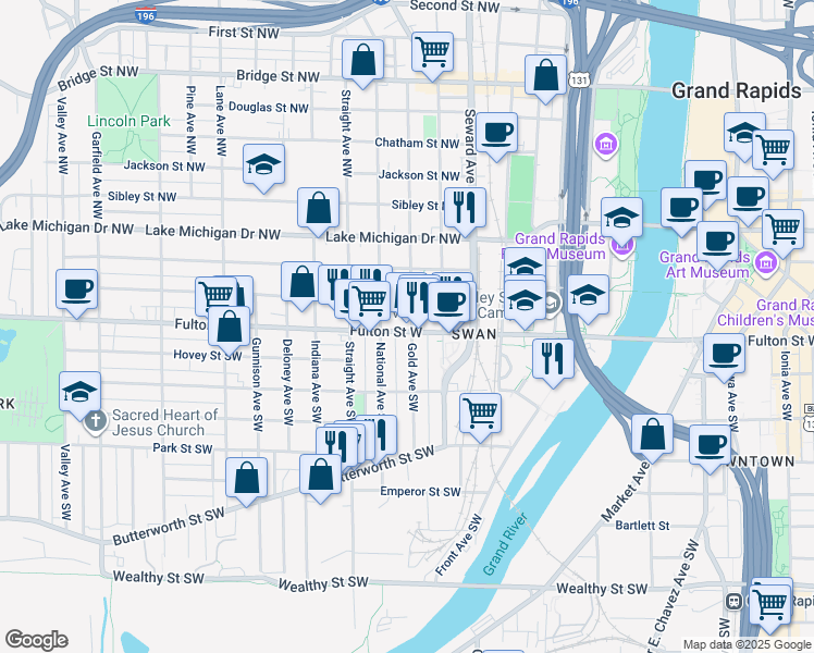 map of restaurants, bars, coffee shops, grocery stores, and more near 18 Gold Avenue Southwest in Grand Rapids