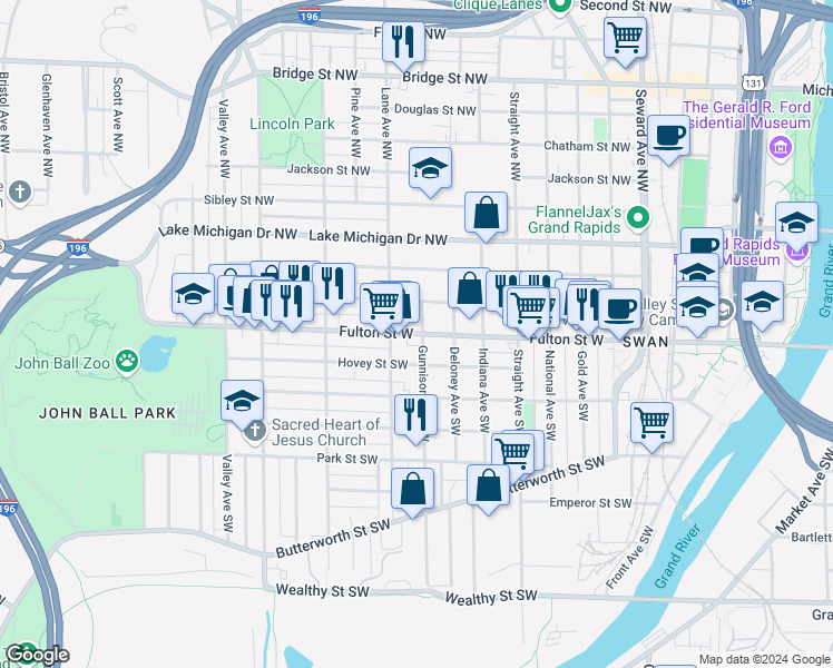 map of restaurants, bars, coffee shops, grocery stores, and more near 22 Lane Avenue Southwest in Grand Rapids