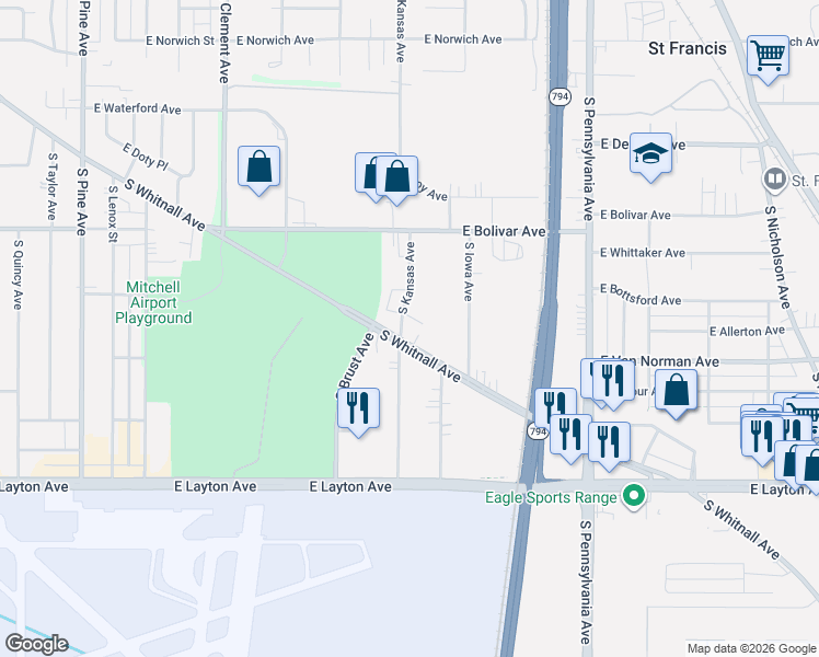 map of restaurants, bars, coffee shops, grocery stores, and more near 4466 South Whitnall Avenue in Saint Francis