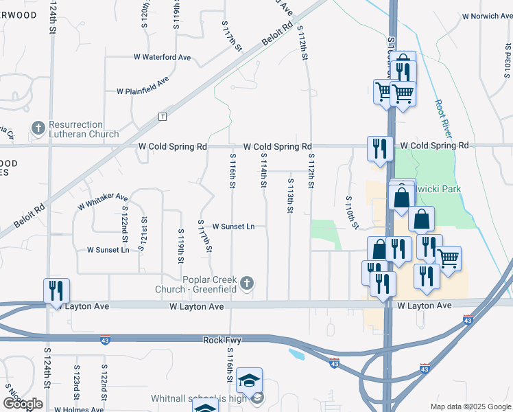 map of restaurants, bars, coffee shops, grocery stores, and more near 4481 South 114th Street in Greenfield