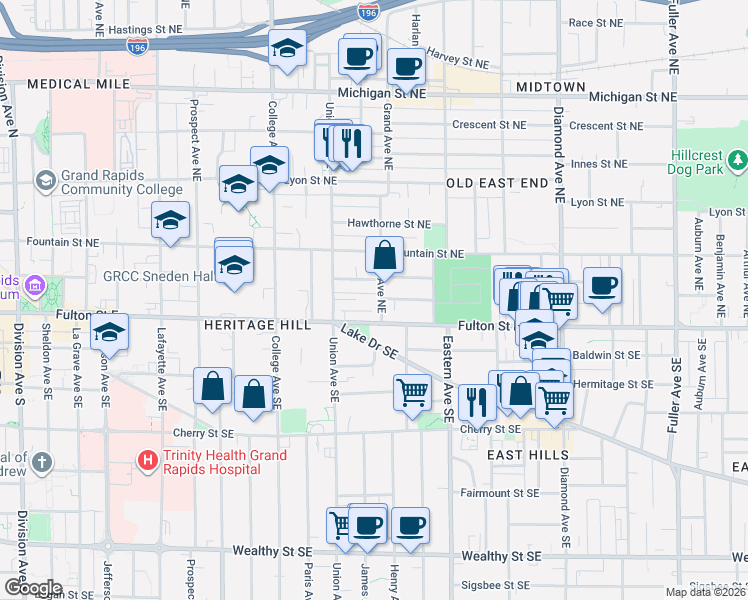 map of restaurants, bars, coffee shops, grocery stores, and more near 635 Fulton Street East in Grand Rapids