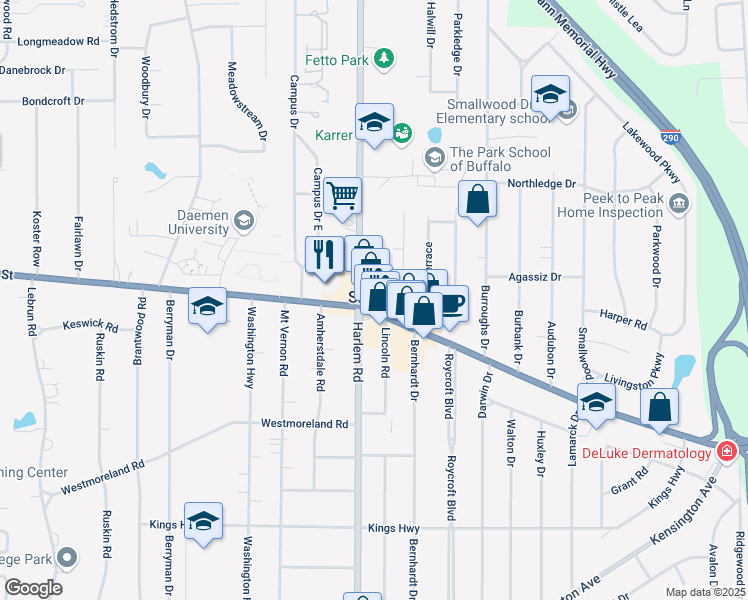 map of restaurants, bars, coffee shops, grocery stores, and more near 4508 Main Street in Buffalo