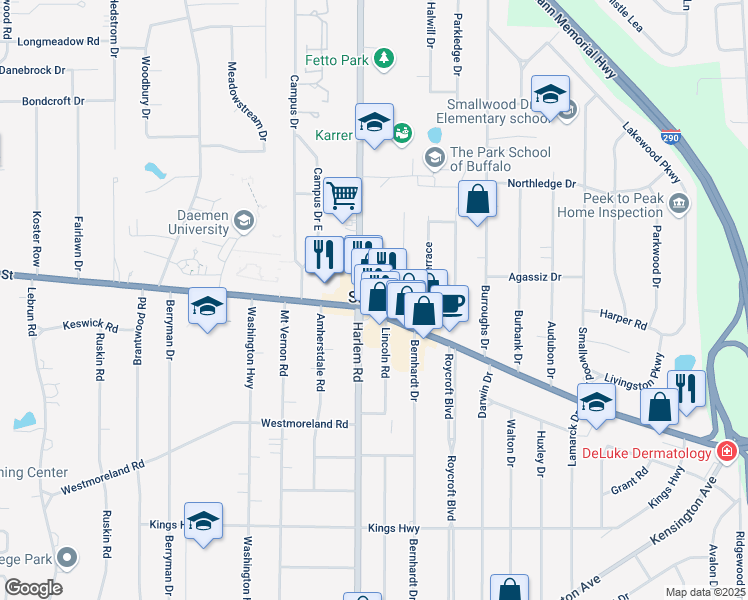 map of restaurants, bars, coffee shops, grocery stores, and more near 4508 Main Street in Buffalo
