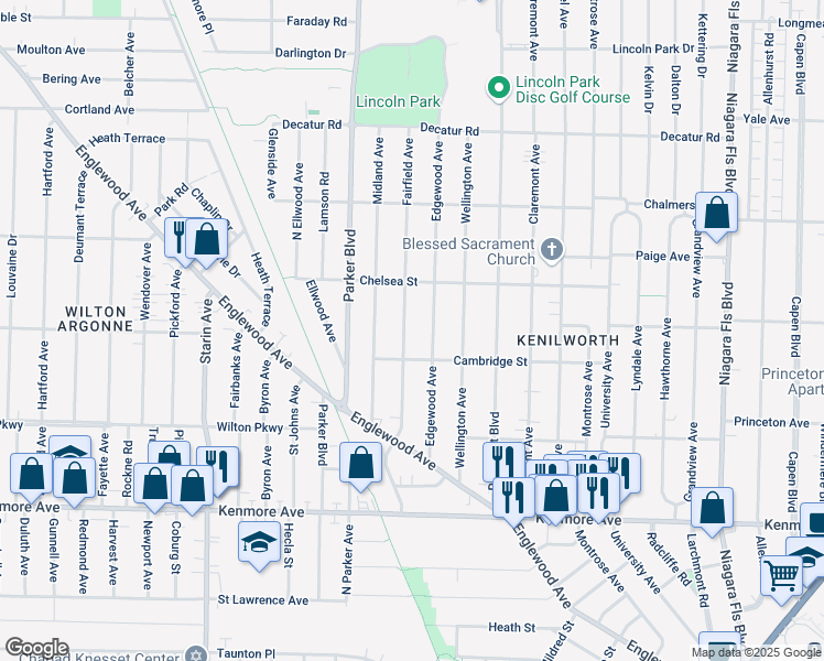 map of restaurants, bars, coffee shops, grocery stores, and more near 114 Edgewood Avenue in Buffalo