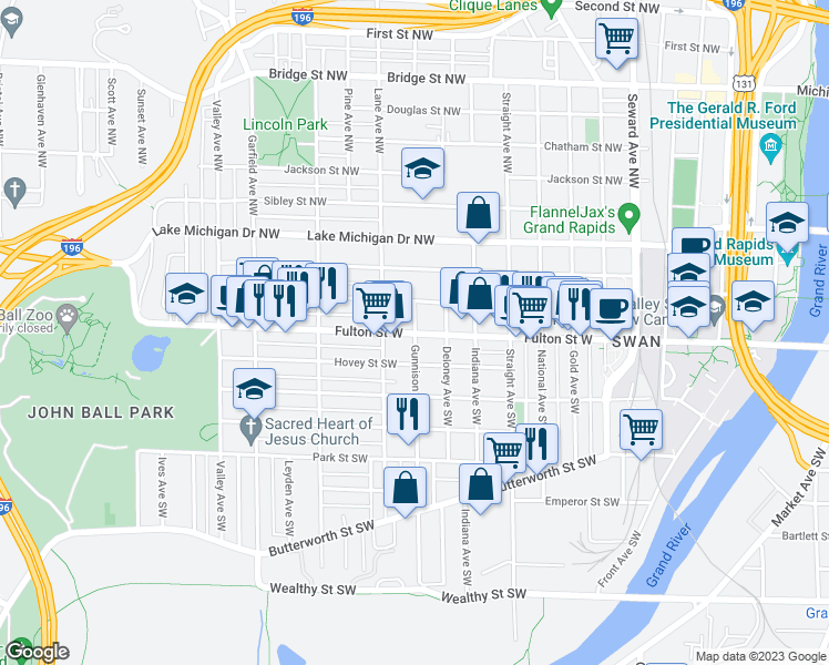 map of restaurants, bars, coffee shops, grocery stores, and more near 4 Gunnison Avenue Northwest in Grand Rapids