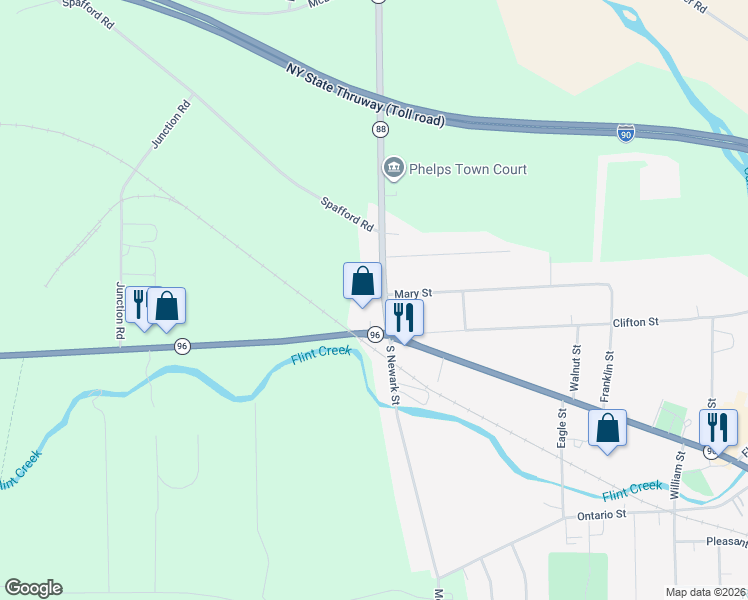 map of restaurants, bars, coffee shops, grocery stores, and more near 266 Main Street in Phelps