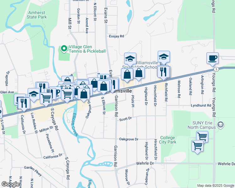 map of restaurants, bars, coffee shops, grocery stores, and more near 32 Garrison Road in Buffalo