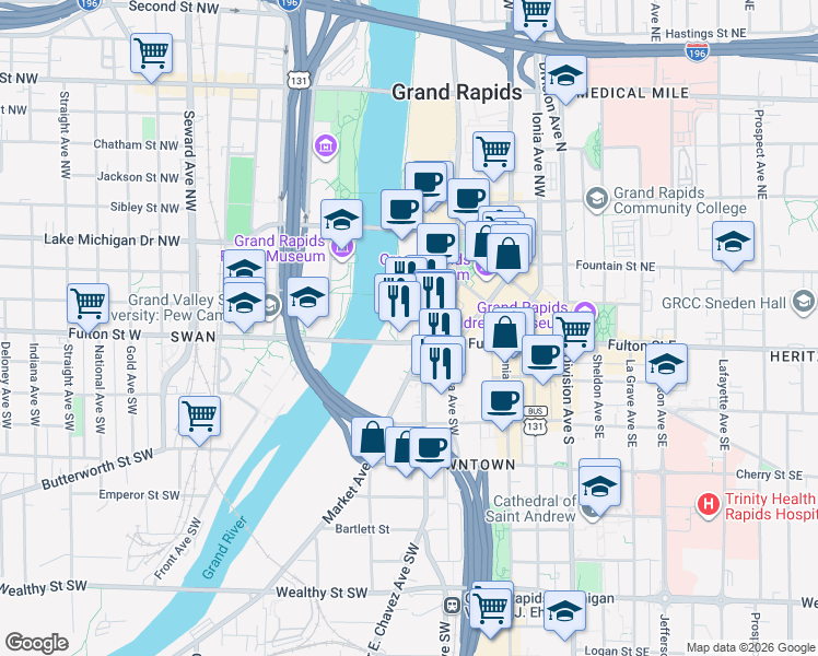 map of restaurants, bars, coffee shops, grocery stores, and more near in Grand Rapids
