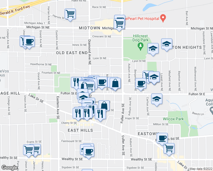 map of restaurants, bars, coffee shops, grocery stores, and more near 31 Mack Avenue Northeast in Grand Rapids