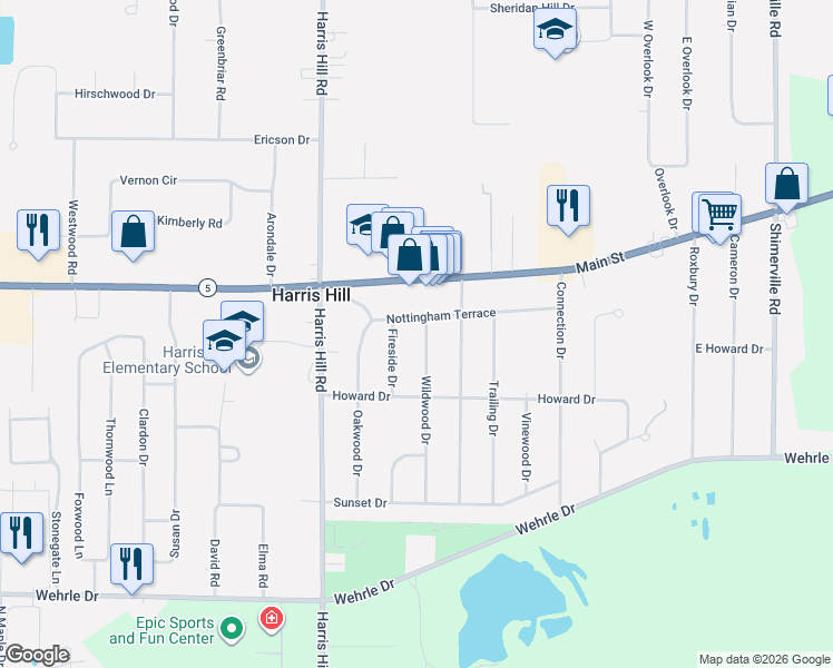 map of restaurants, bars, coffee shops, grocery stores, and more near 4260 Wildwood Drive in Buffalo