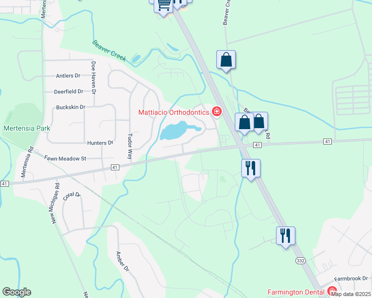 map of restaurants, bars, coffee shops, grocery stores, and more near 6021 County Road 41 in Farmington