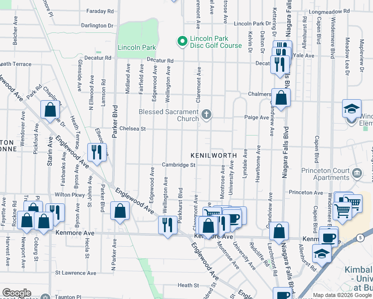 map of restaurants, bars, coffee shops, grocery stores, and more near 153 Parkhurst Boulevard in Buffalo