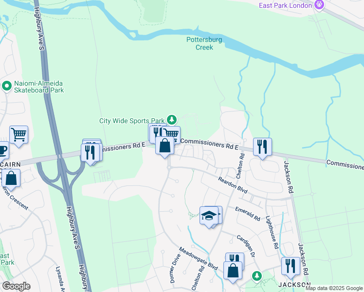 map of restaurants, bars, coffee shops, grocery stores, and more near 2025 Meadowgate Boulevard in London