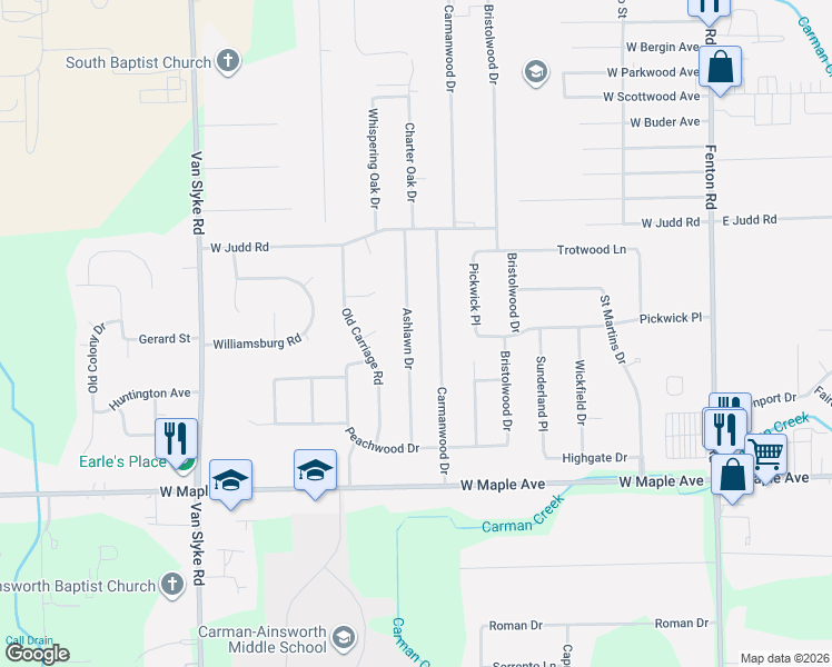 map of restaurants, bars, coffee shops, grocery stores, and more near 4402 Ashlawn Drive in Flint