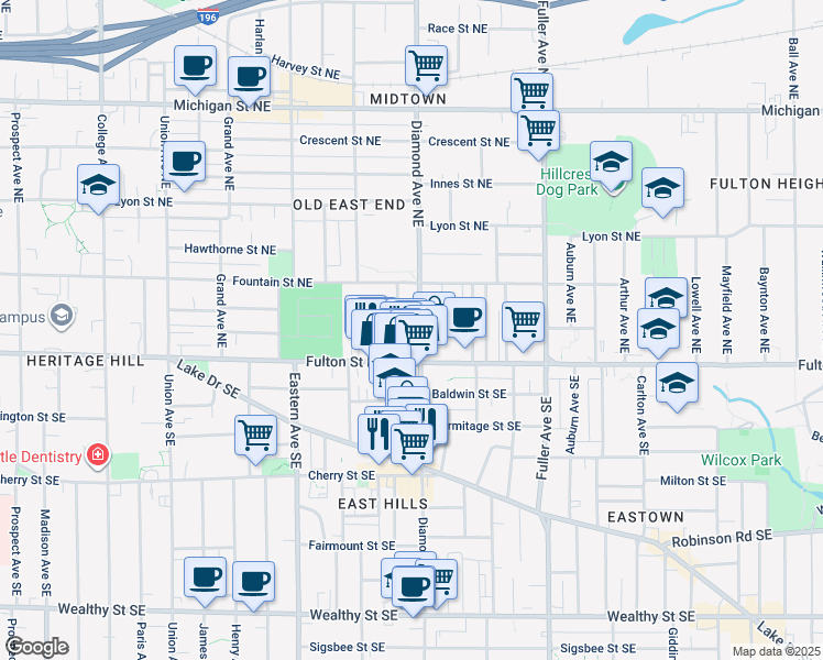 map of restaurants, bars, coffee shops, grocery stores, and more near 8 Holland Avenue Northeast in Grand Rapids