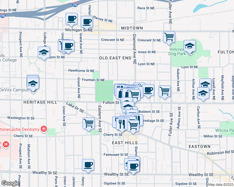map of restaurants, bars, coffee shops, grocery stores, and more near 905 Fulton Street East in Grand Rapids