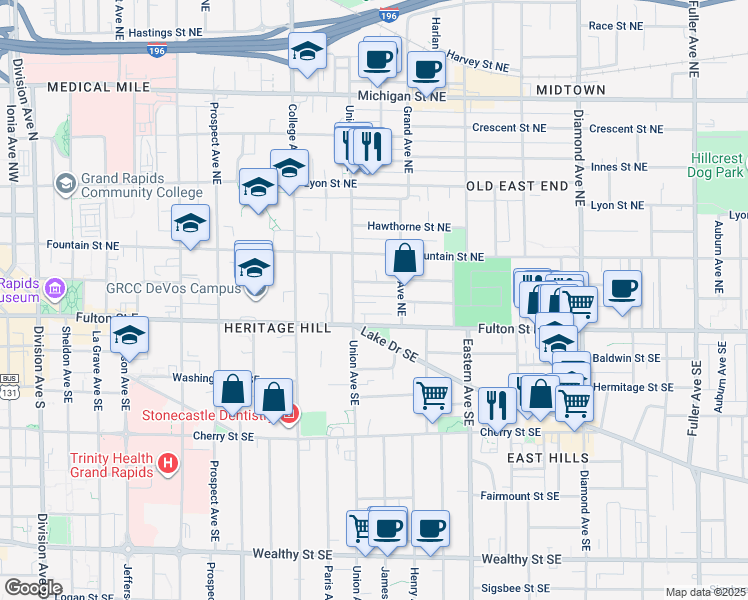 map of restaurants, bars, coffee shops, grocery stores, and more near 635 Fulton Street East in Grand Rapids