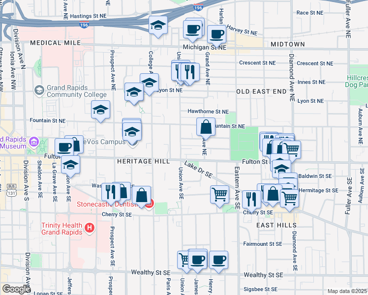 map of restaurants, bars, coffee shops, grocery stores, and more near 557 Fulton Street East in Grand Rapids