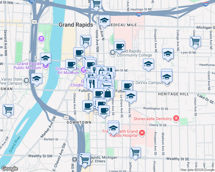 map of restaurants, bars, coffee shops, grocery stores, and more near in Grand Rapids