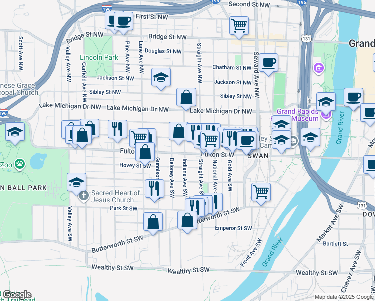 map of restaurants, bars, coffee shops, grocery stores, and more near 15 Indiana Avenue Southwest in Grand Rapids