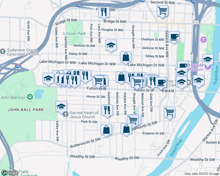 map of restaurants, bars, coffee shops, grocery stores, and more near 913 Hovey Street Southwest in Grand Rapids