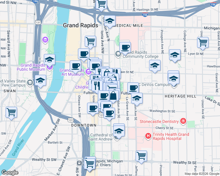 map of restaurants, bars, coffee shops, grocery stores, and more near in Grand Rapids