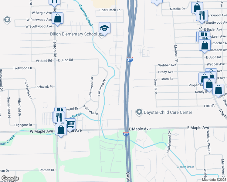 map of restaurants, bars, coffee shops, grocery stores, and more near 1213 Winterberry Court in Burton