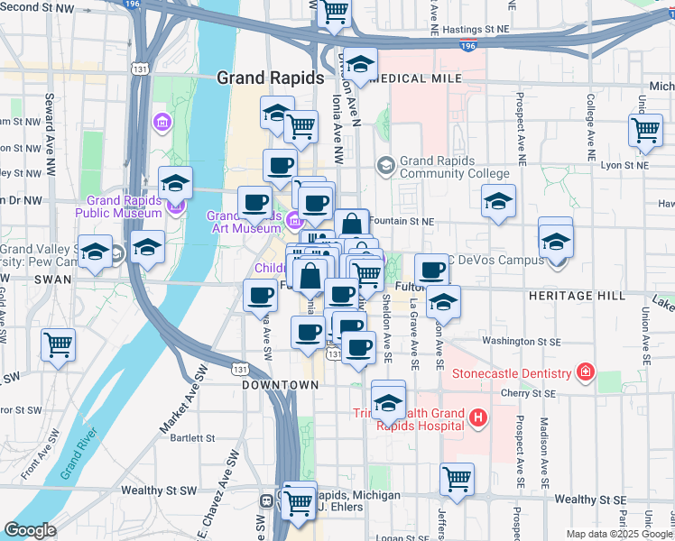 map of restaurants, bars, coffee shops, grocery stores, and more near 1 Monroe Center Street Northwest in Grand Rapids