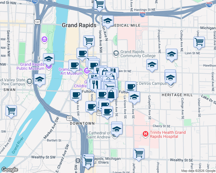 map of restaurants, bars, coffee shops, grocery stores, and more near in Grand Rapids