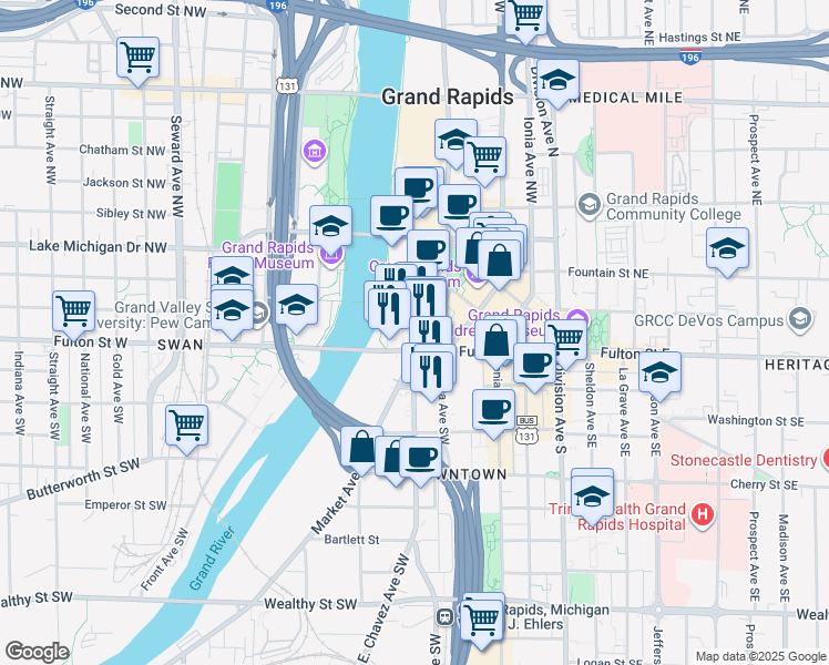 map of restaurants, bars, coffee shops, grocery stores, and more near 201 Fulton Street West in Grand Rapids