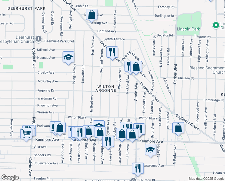 map of restaurants, bars, coffee shops, grocery stores, and more near 215 Fayette Avenue in Buffalo