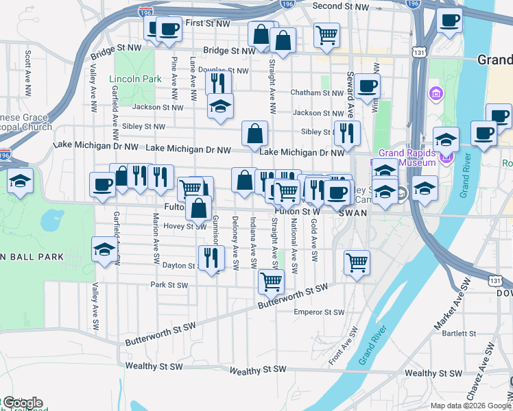 map of restaurants, bars, coffee shops, grocery stores, and more near 839 Veto Street Northwest in Grand Rapids