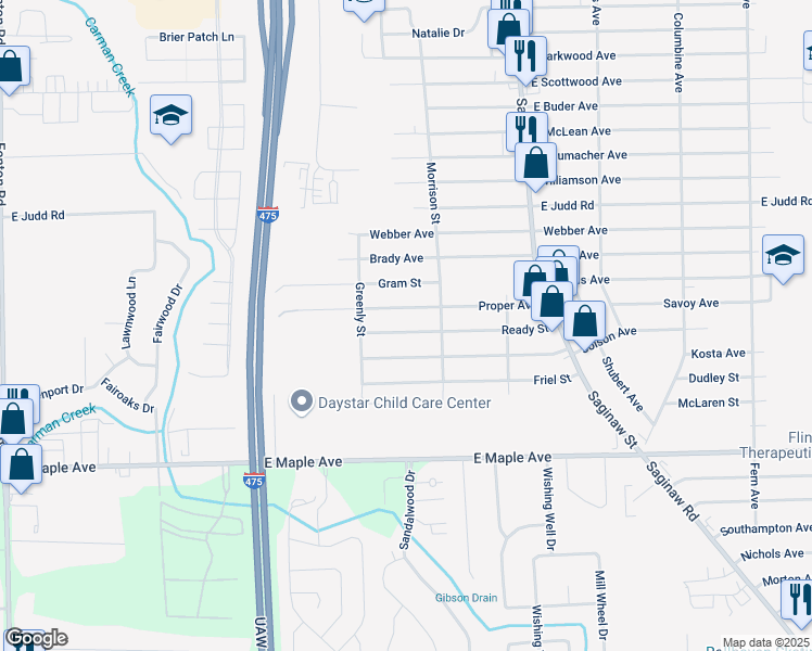 map of restaurants, bars, coffee shops, grocery stores, and more near 1405 Ready Street in Burton