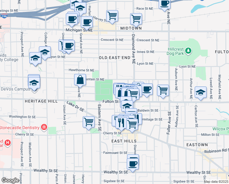 map of restaurants, bars, coffee shops, grocery stores, and more near 33 Batavia Place Northeast in Grand Rapids