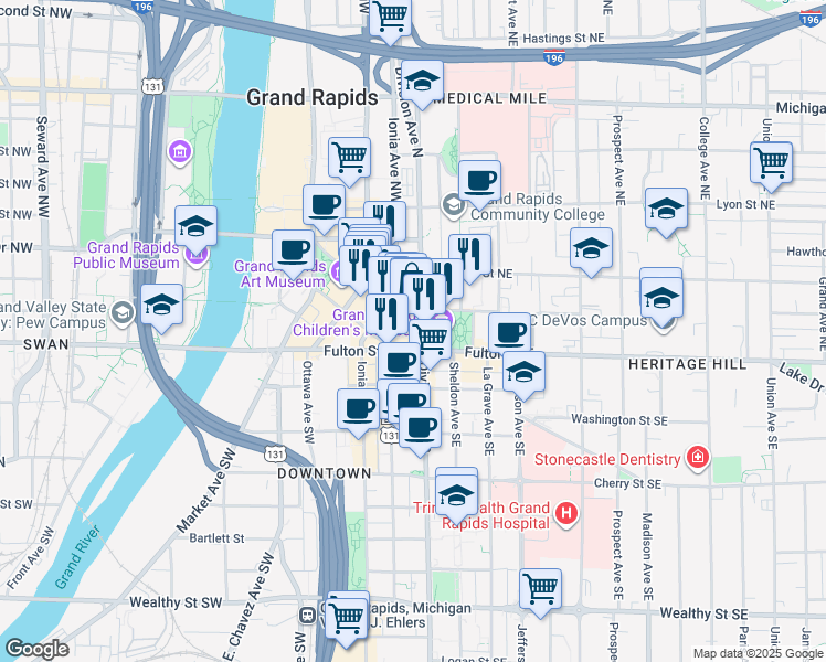 map of restaurants, bars, coffee shops, grocery stores, and more near 1 Monroe Center Street Northwest in Grand Rapids