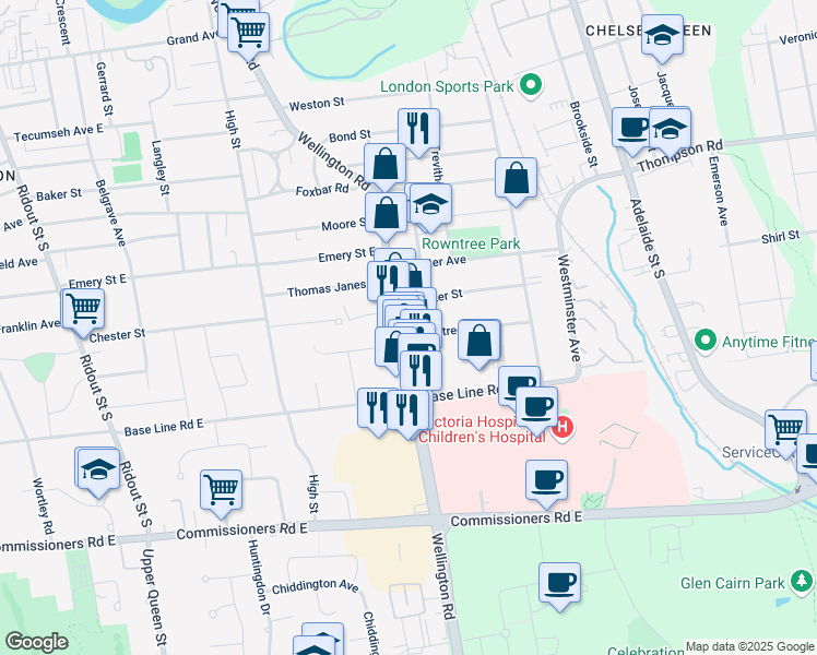map of restaurants, bars, coffee shops, grocery stores, and more near 322 Wellington Road in London