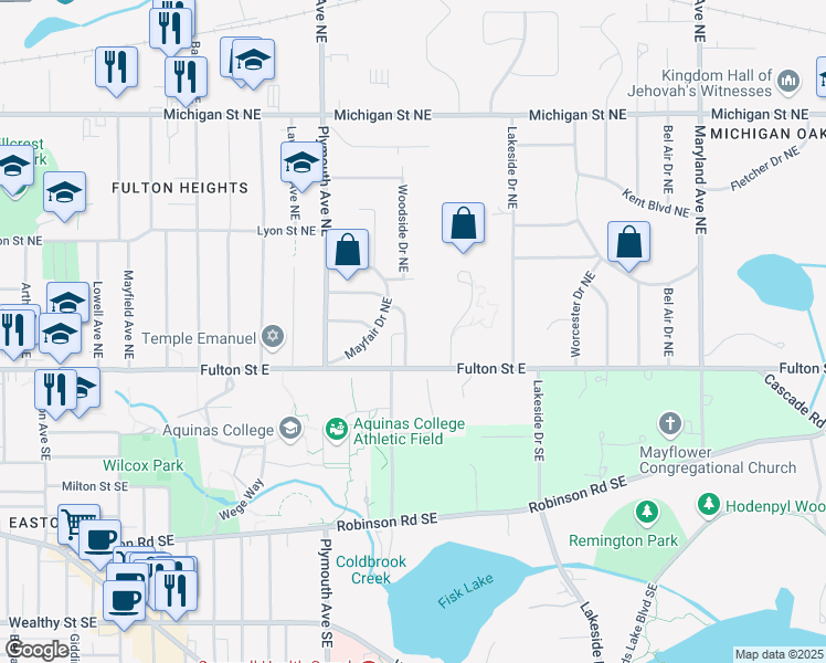 map of restaurants, bars, coffee shops, grocery stores, and more near 36 Parkview Drive Northeast in Grand Rapids