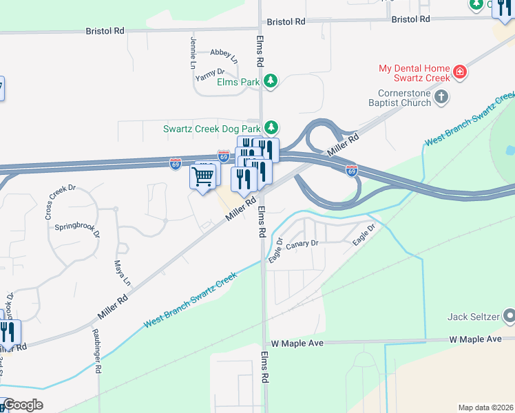 map of restaurants, bars, coffee shops, grocery stores, and more near 7000 Miller Road in Swartz Creek